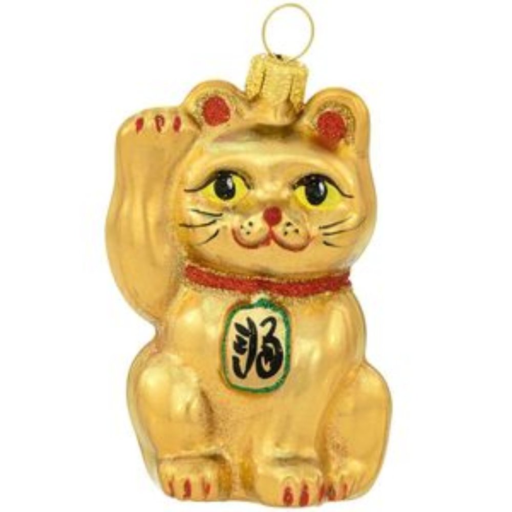 NWT Blown glass Golden Lucky Cat ornament-gold, red, green, Chinese money symbol